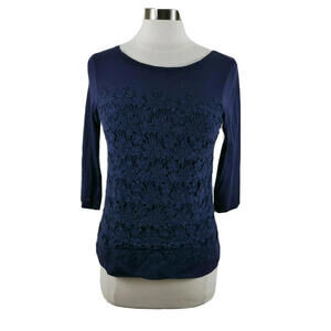 J Crew Womens Sheer Cotton 3/4 Sleeve Scoop Neck Navy Floral Blouse Shirt XS